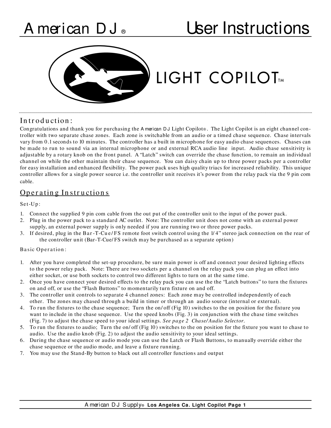 American DJ Light Copilot operating instructions Introduction, Operating Instructions, Set-Up, Basic Operation 