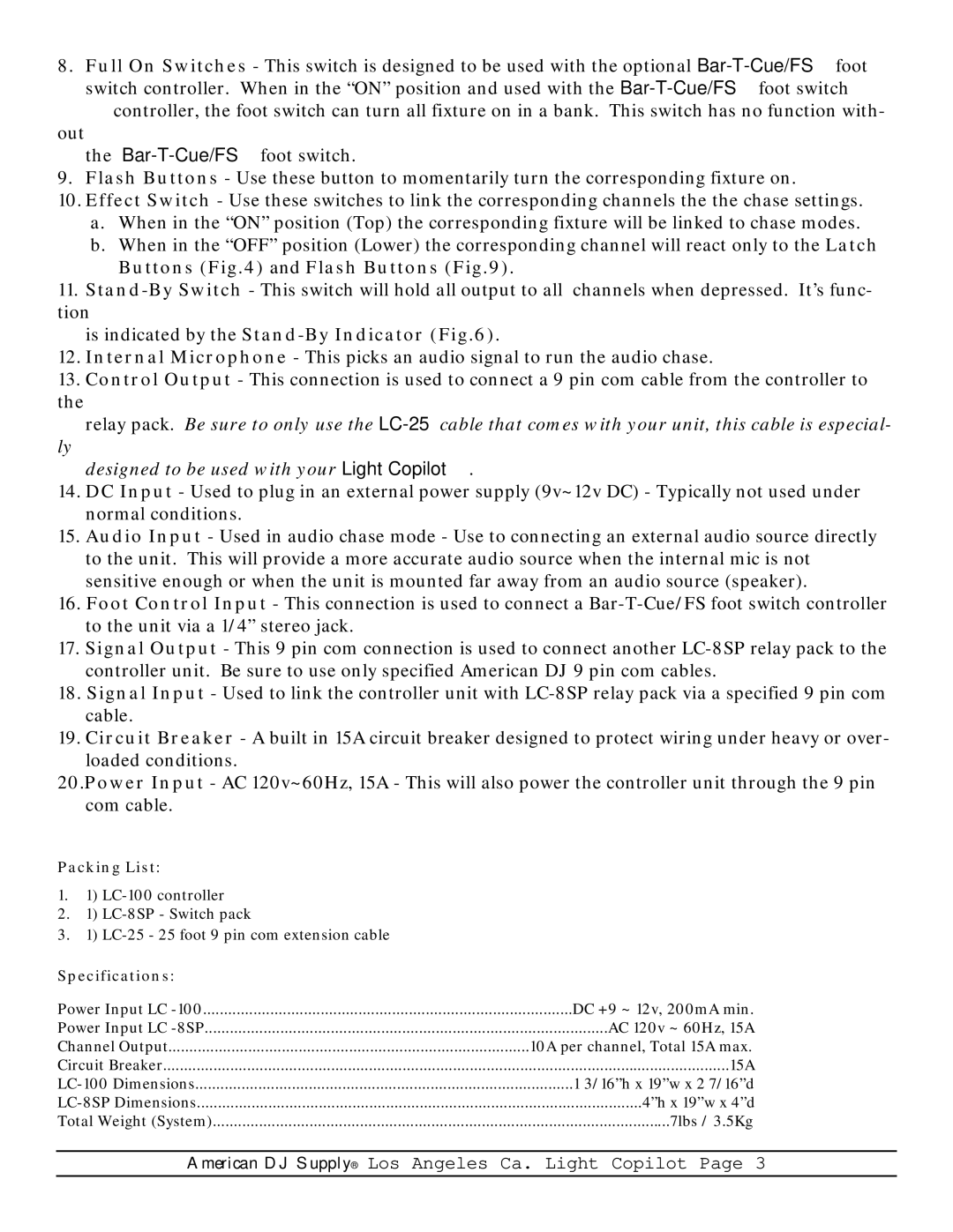 American DJ Light Copilot operating instructions Packing List, Specifications 