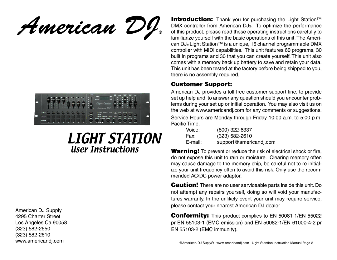 American DJ Light Station operating instructions American DJ, Customer Support 