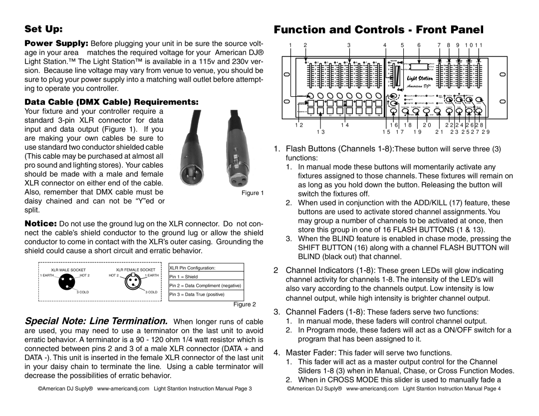 American DJ Light Station Function and Controls Front Panel, Set Up, Data Cable DMX Cable Requirements 