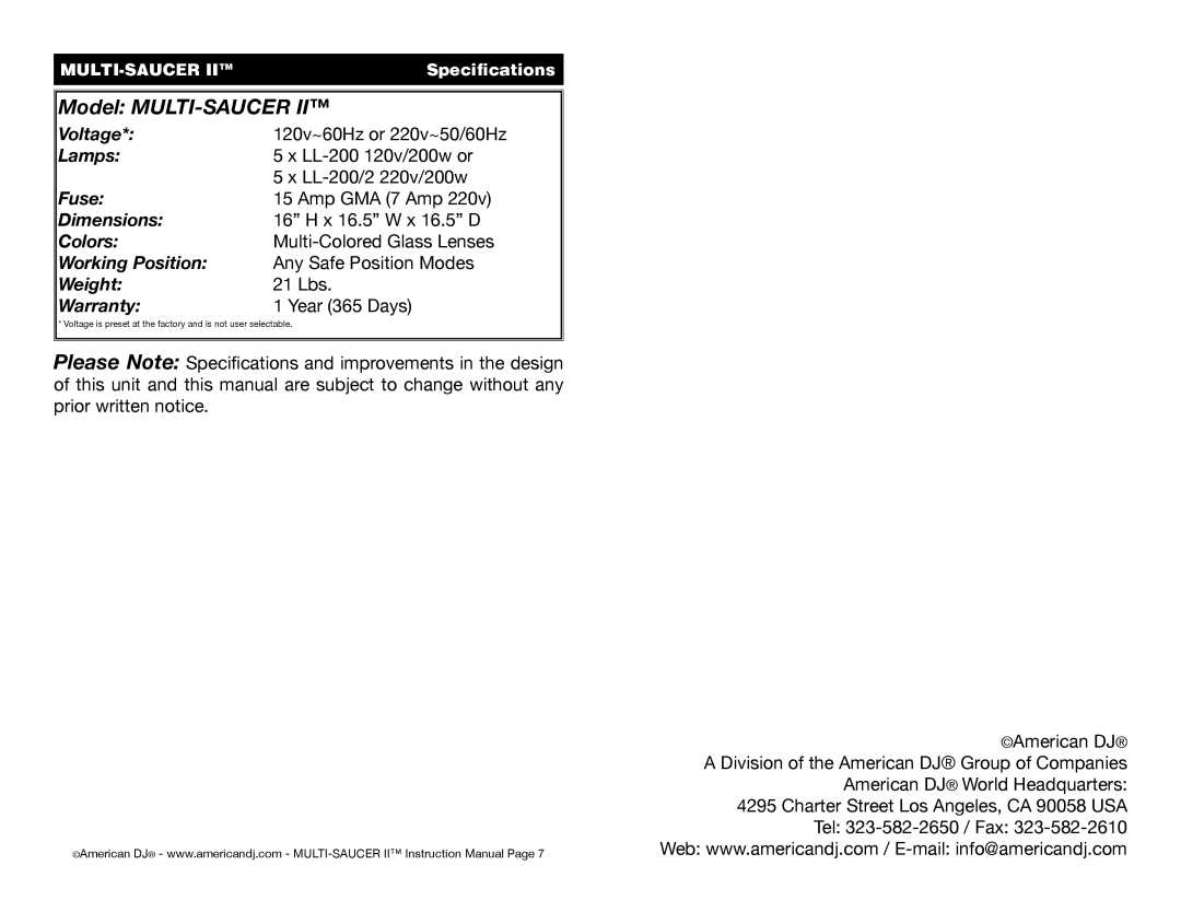 American DJ LL-200 user service Model MULTI-SAUCER, MULTI-SAUCER IISpecifications 