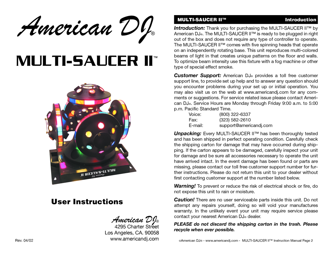 American DJ LL-200 user service American DJ, Multi-Saucer, User Instructions 