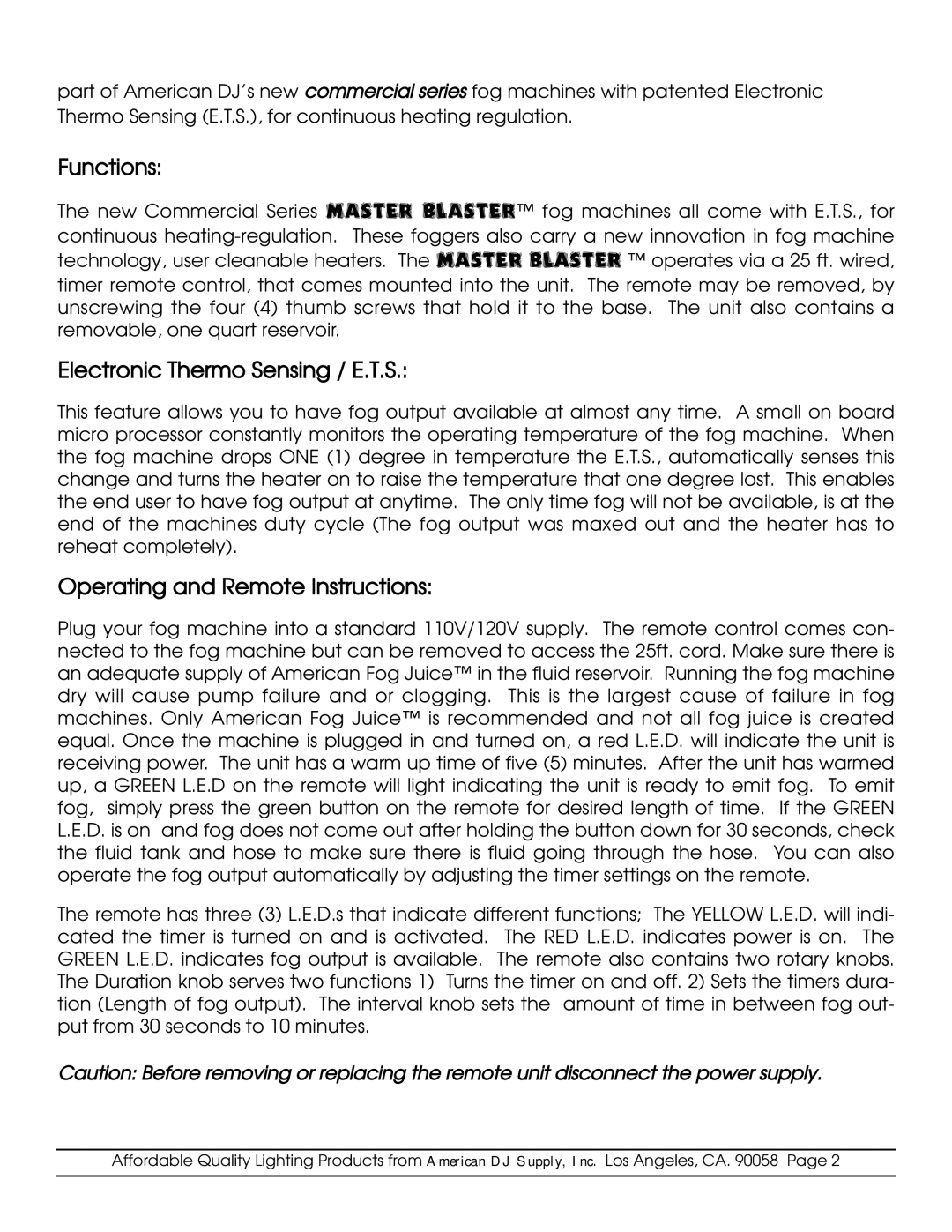 American DJ Master Blaster specifications Functions, Electronic Thermo Sensing / E.T.S, Operating and Remote Instructions 