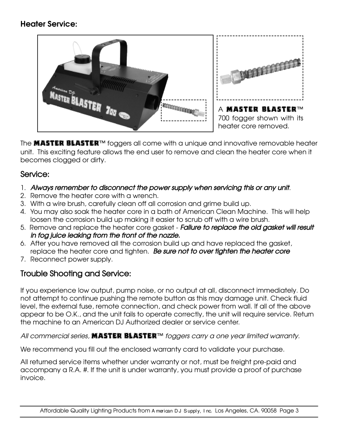 American DJ Master Blaster specifications Heater Service, Trouble Shooting and Service 