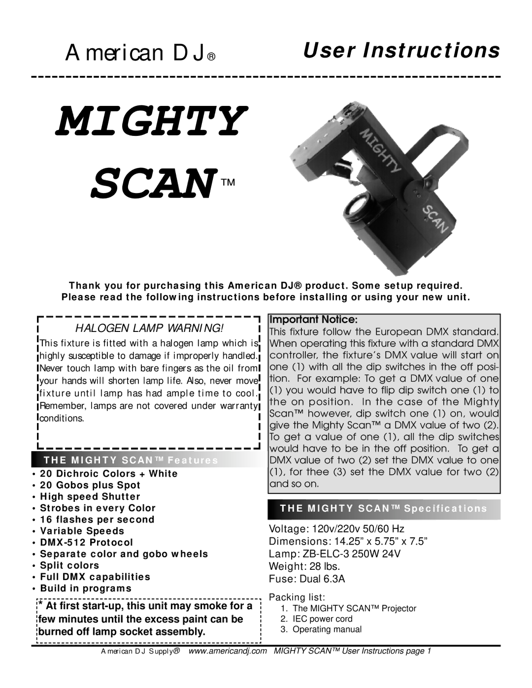 American DJ warranty Mighty Scan Features, Mighty Scan Specifications 