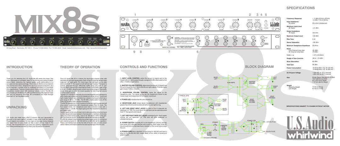 American DJ Mix8s specifications Specifications, Introduction Theory of Operation, Controls and Functions Block Diagram 