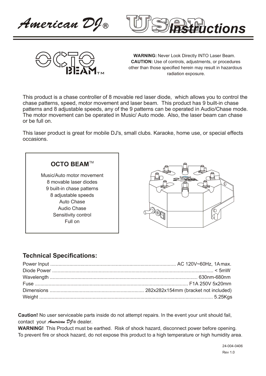 American DJ technical specifications BEAMtm, Octo Beamtm, Technical Specifications 