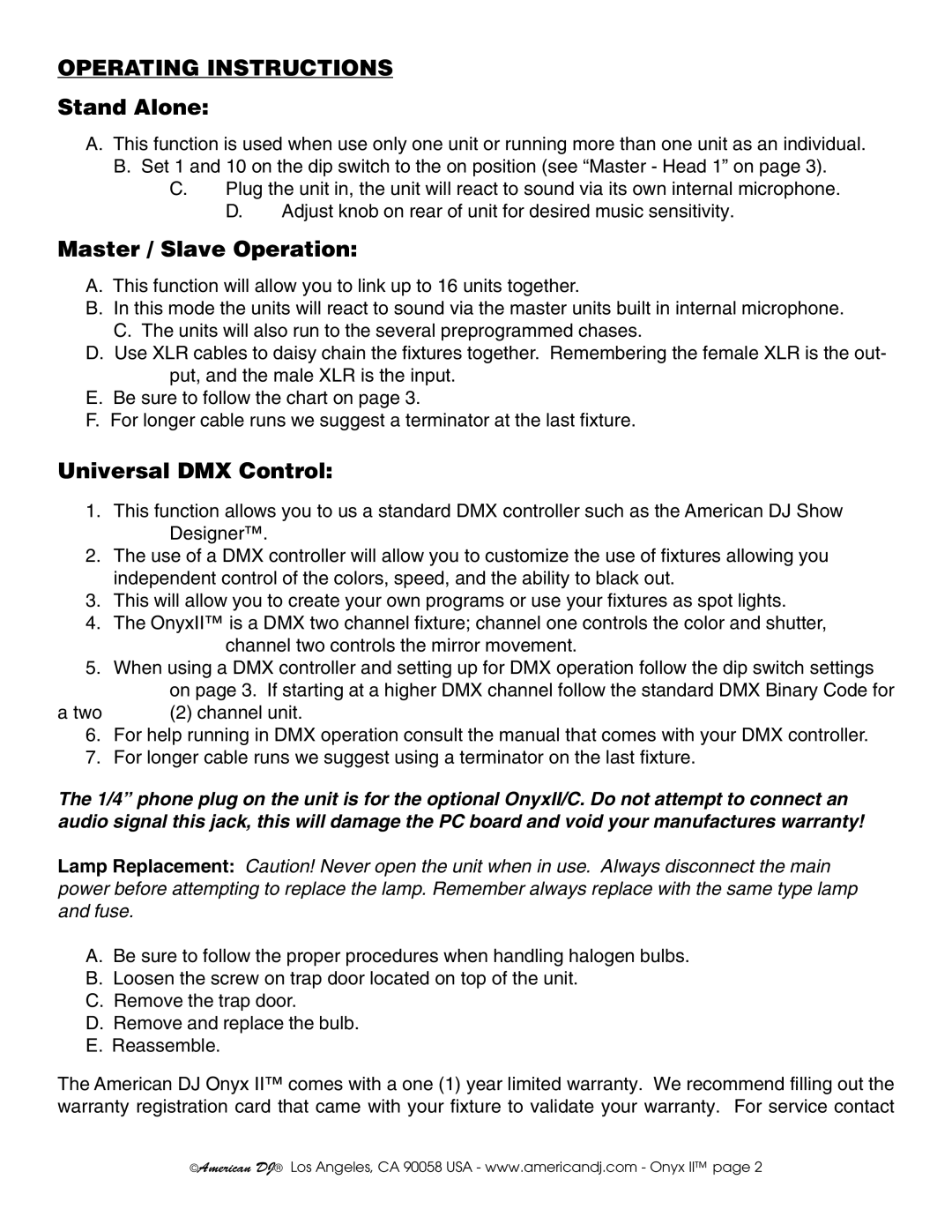 American DJ Onyx II warranty Operating Instructions, Stand Alone, Master / Slave Operation, Universal DMX Control 