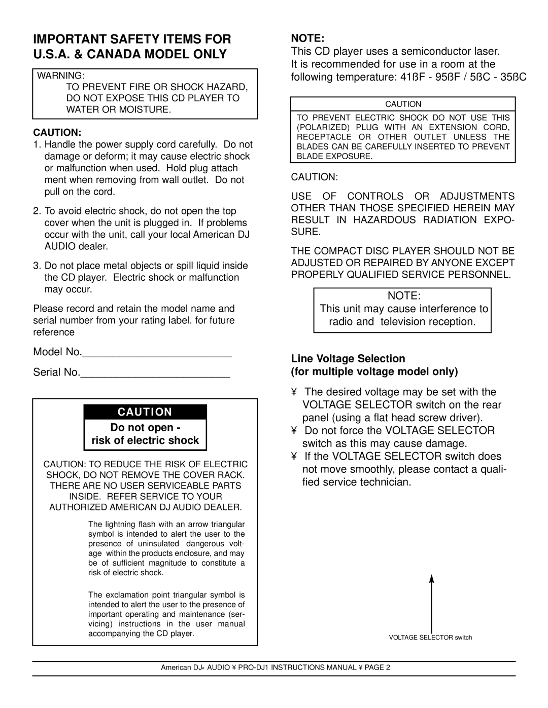 American DJ PRO-DJ1 manual Important Safety Items for U.S.A. & Canada Model only 