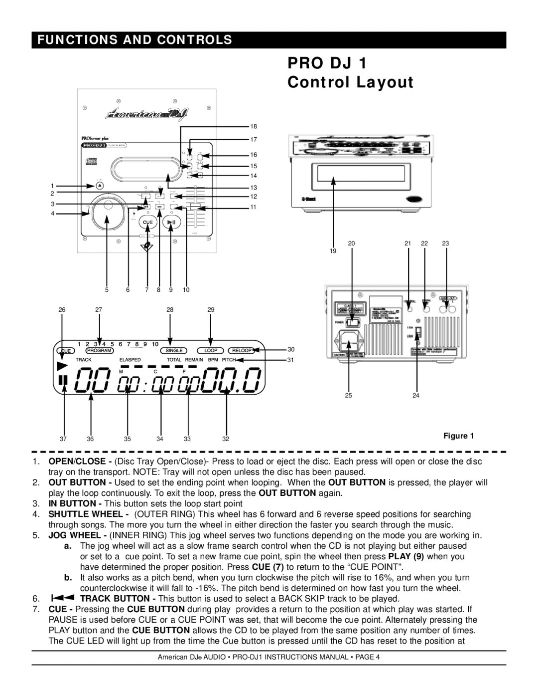 American DJ PRO-DJ1 manual Pro Dj, Functions and Controls 