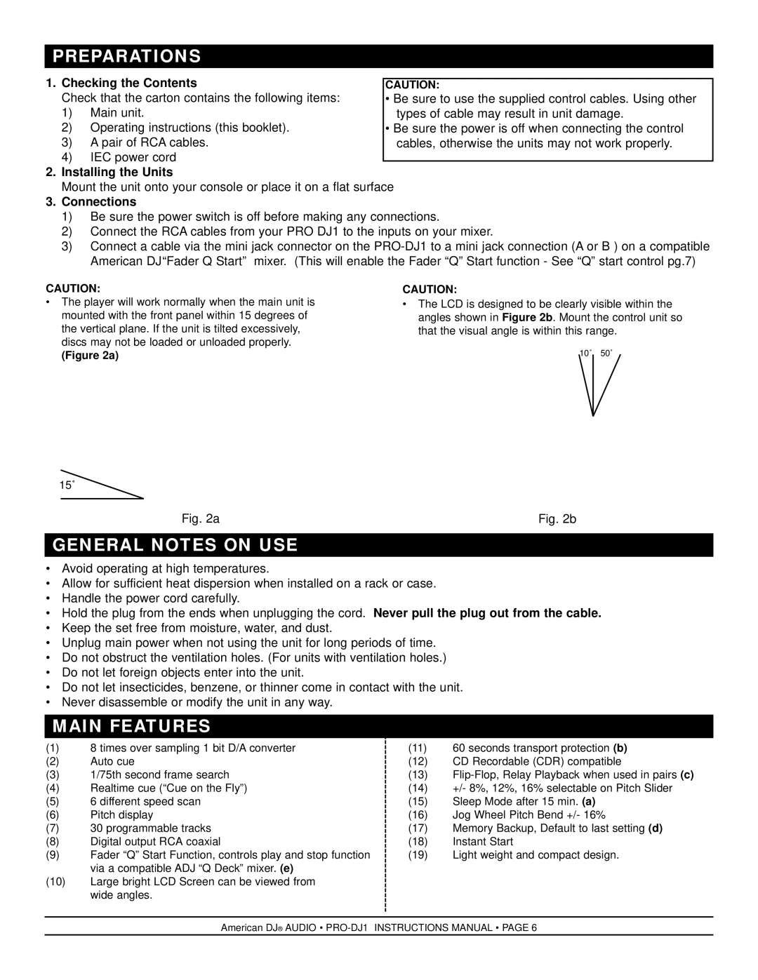 American DJ PRO-DJ1 manual Preparations, General Notes on USE, Main Features 