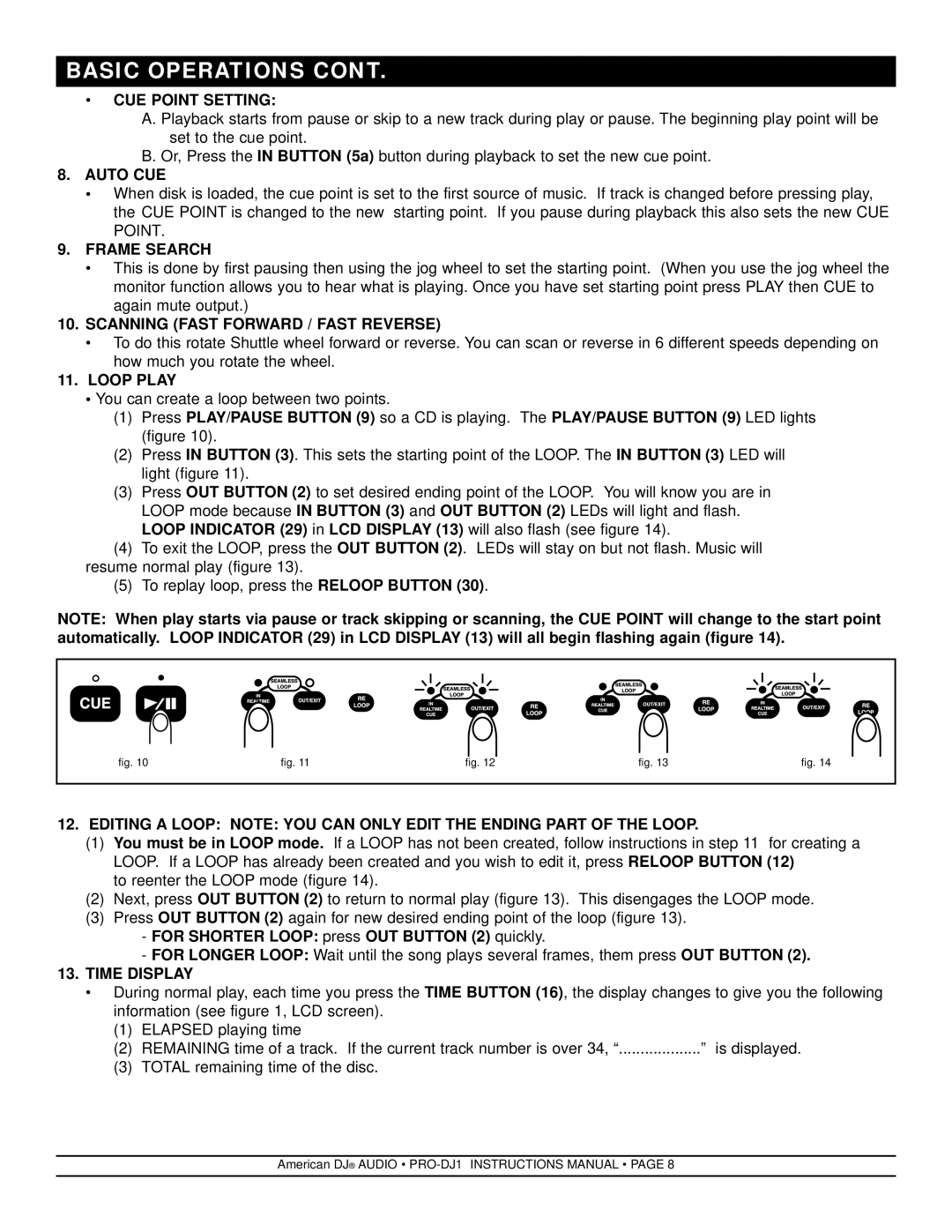 American DJ PRO-DJ1 manual CUE Point Setting, Auto CUE, Frame Search, Scanning Fast Forward / Fast Reverse, Loop Play 