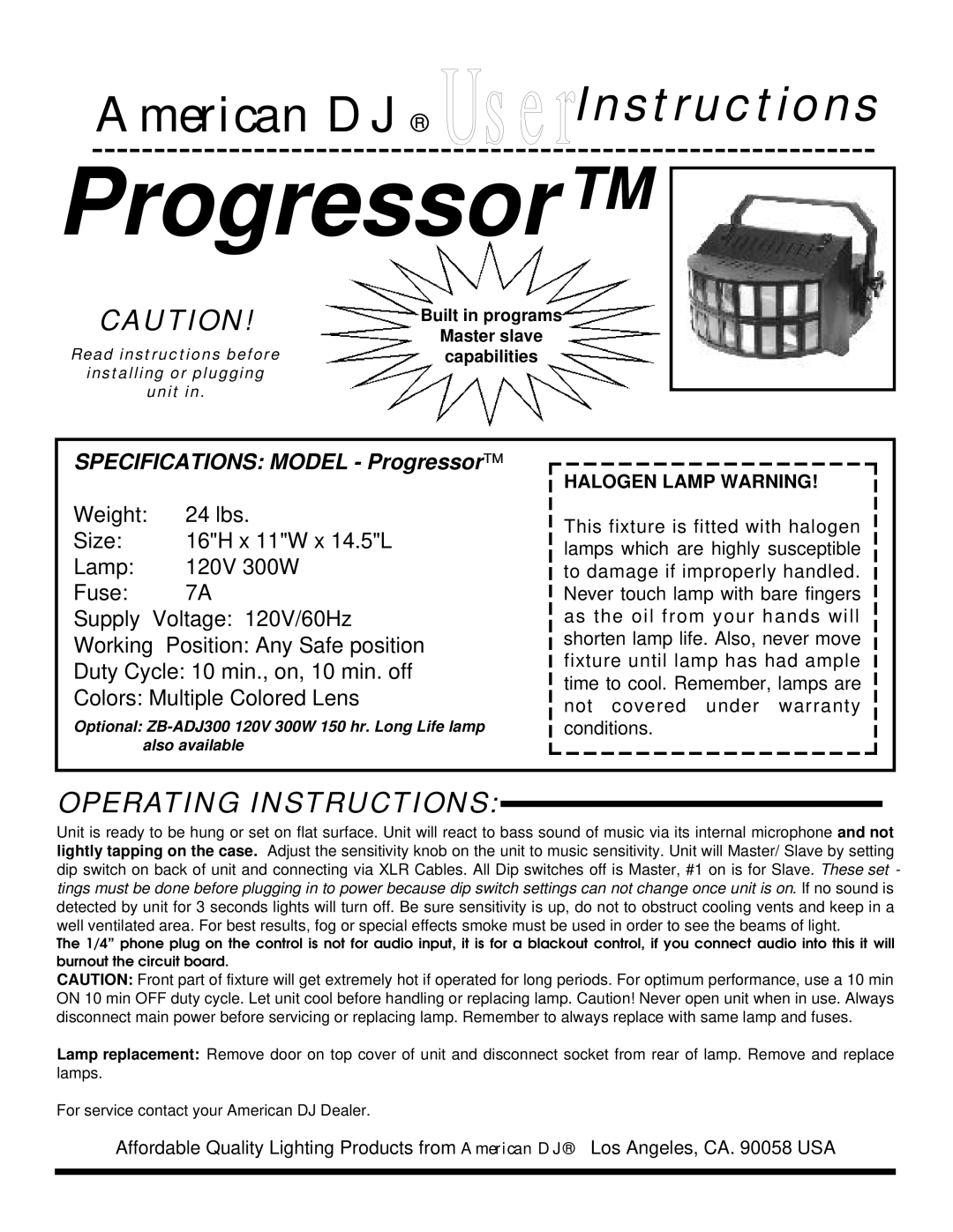 American DJ specifications Operating Instructions, Specifications Model Progressor 