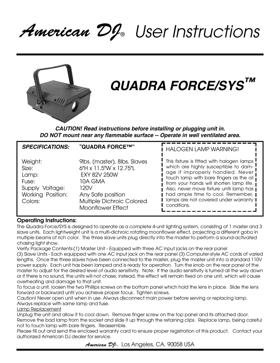 American DJ Quadra Force/Sys specifications American DJ User Instructions, Quadra FORCE/SYS, Specifications 