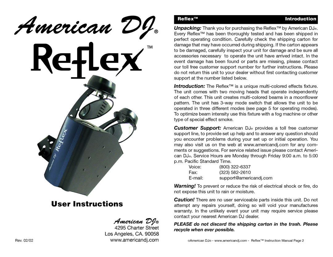 American DJ user service American DJ, Reflex Introduction 