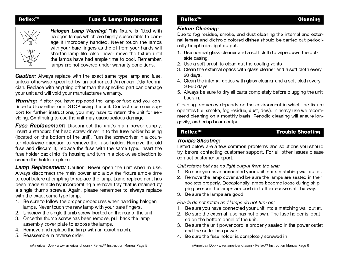 American DJ user service Fixture Cleaning, Trouble Shooting, Reflex Fuse & Lamp Replacement, Reflex Cleaning 