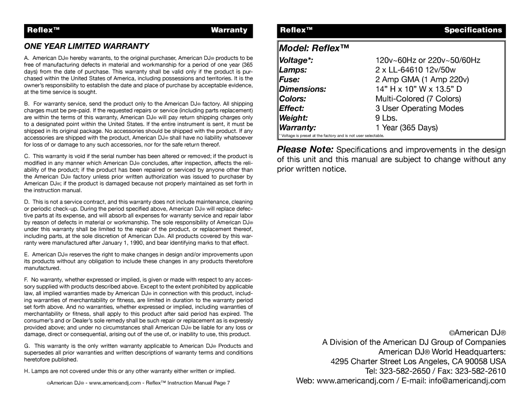 American DJ Reflex user service Voltage, Lamps, Fuse, Dimensions, Colors, Effect, Weight, Warranty 