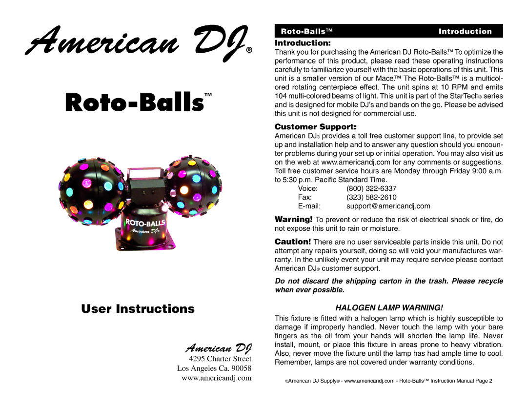 American DJ operating instructions Customer Support, Roto-Balls Introduction 