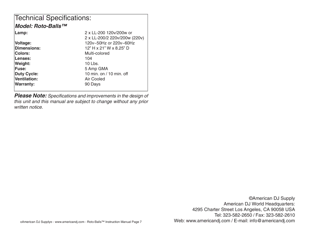 American DJ Roto-Balls operating instructions Technical Specifications 