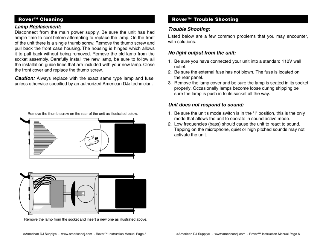 American DJ Rover Lamp Replacement, Trouble Shooting, No light output from the unit, Unit does not respond to sound 