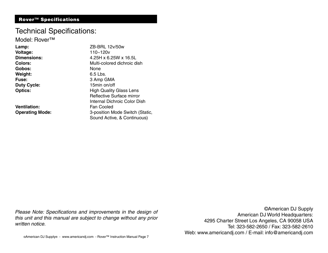 American DJ Rover operating instructions Technical Specifications 