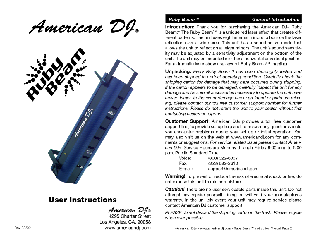 American DJ instruction manual American DJ, Ruby Beam General Introduction 