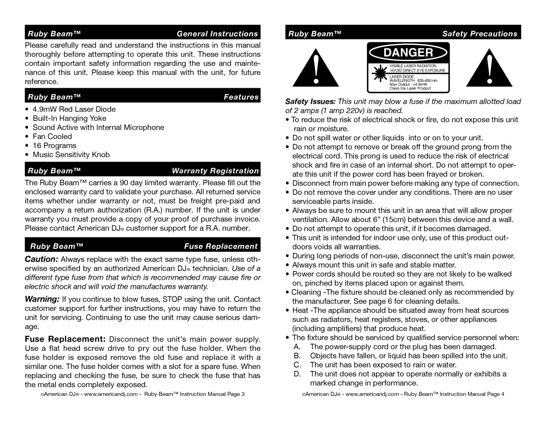 American DJ instruction manual Ruby Beam General Instructions, Ruby Beam Features, Ruby Beam Warranty Registration 