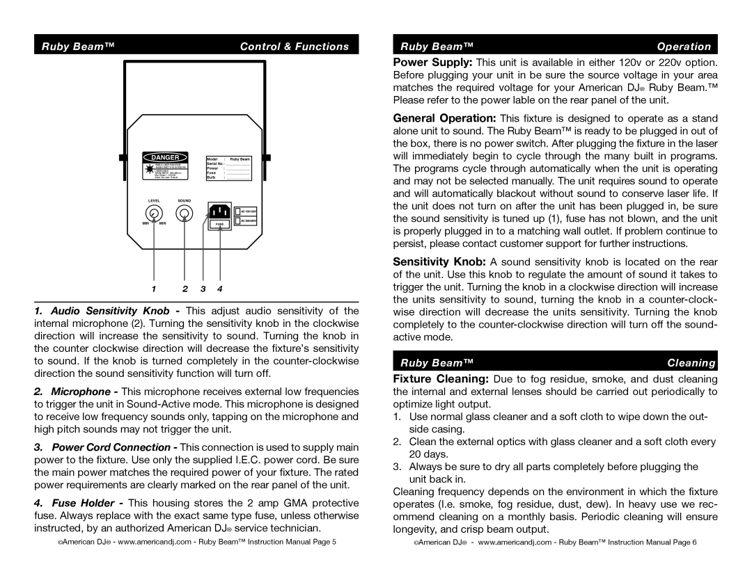 American DJ instruction manual Ruby Beam Control & Functions, Ruby Beam Operation, Ruby Beam Cleaning 