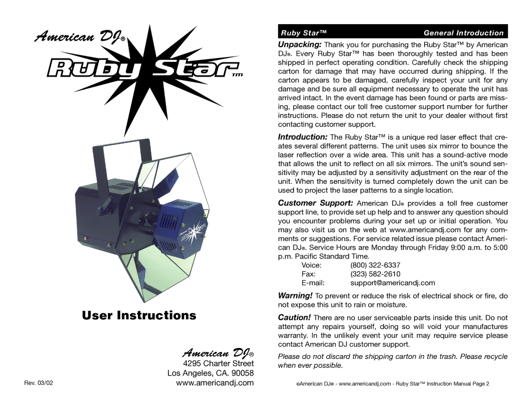 American DJ instruction manual User Instructions, Ruby Star General Introduction 