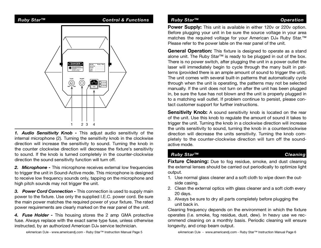 American DJ instruction manual Ruby Star Control & Functions Operation, Ruby Star Cleaning 