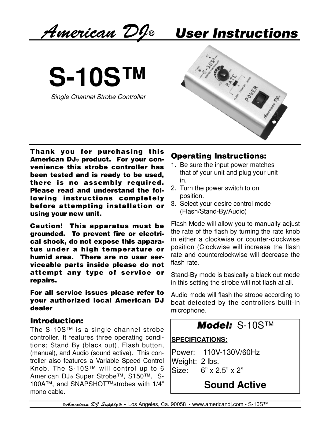 American DJ S-10S operating instructions Operating Instructions, Introduction 