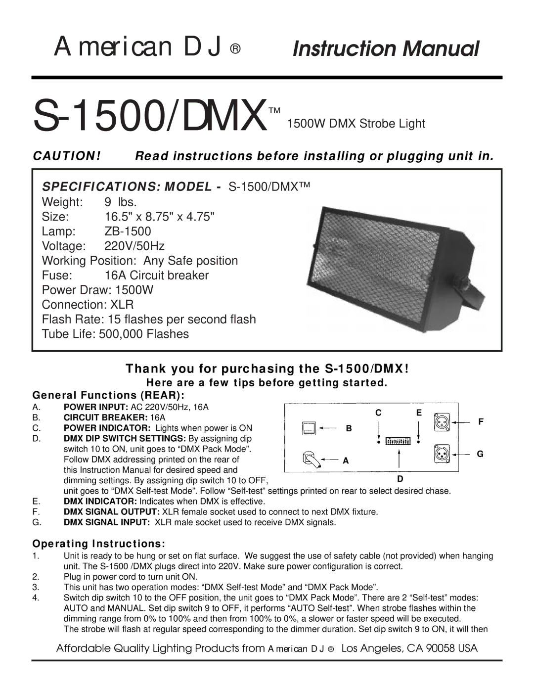 American DJ S-1500/DMX specifications American DJ, Operating Instructions 