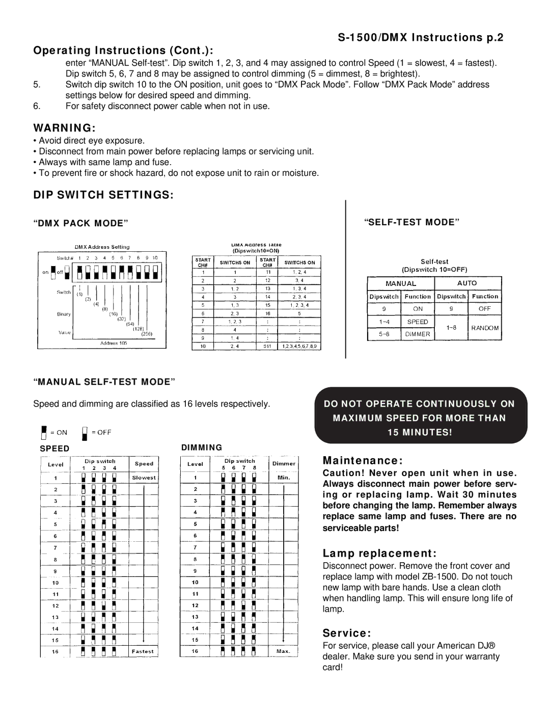 American DJ S-1500/DMX 1500/DMX Instructions p.2 Operating Instructions, Maintenance Lamp replacement, Service 