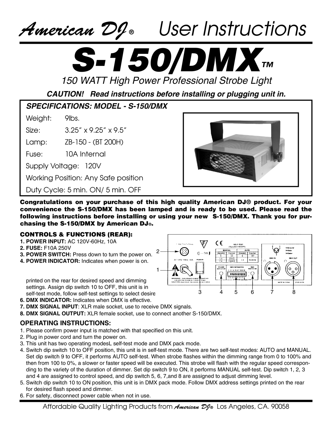 American DJ specifications Watt High Power Professional Strobe Light, Specifications Model S-150/DMX 