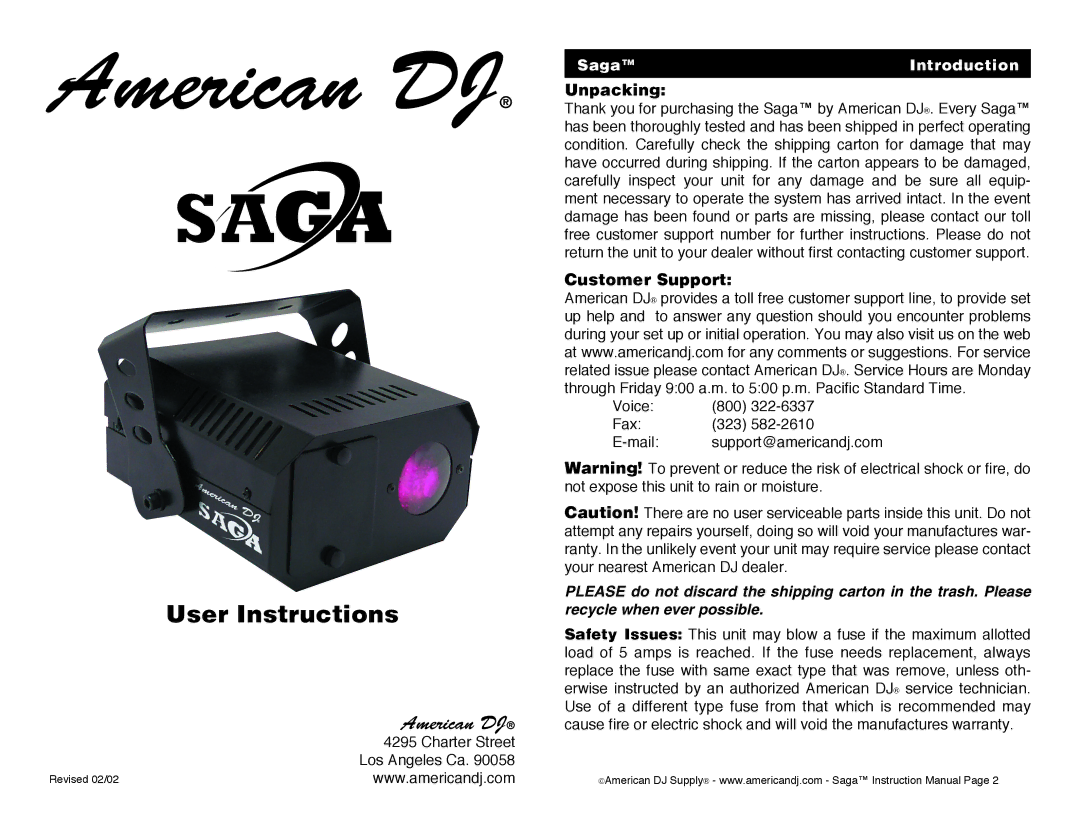 American DJ instruction manual Unpacking, Customer Support, Saga Introduction 