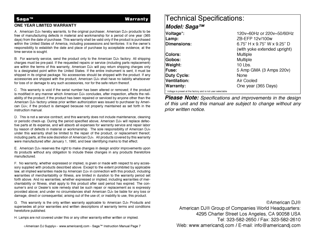 American DJ instruction manual Saga Warranty, ONE Year Limited Warranty 