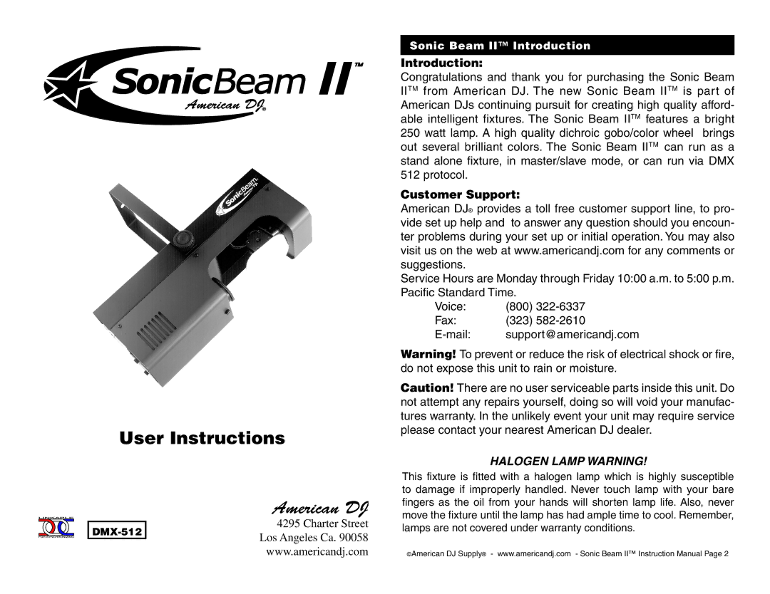 American DJ Sonic Beam II user service Introduction, Customer Support, Charter Street Los Angeles Ca 