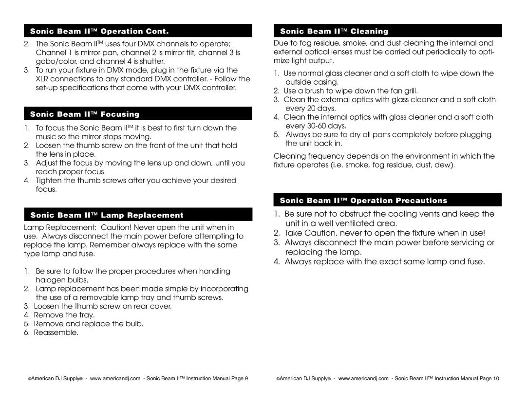 American DJ user service Sonic Beam II Operation Precautions 