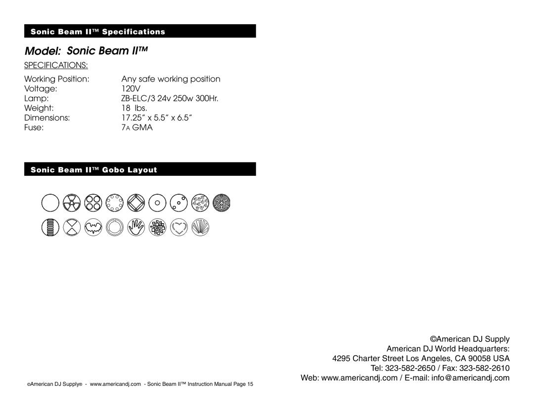 American DJ Sonic Beam II user service Model Sonic Beam 