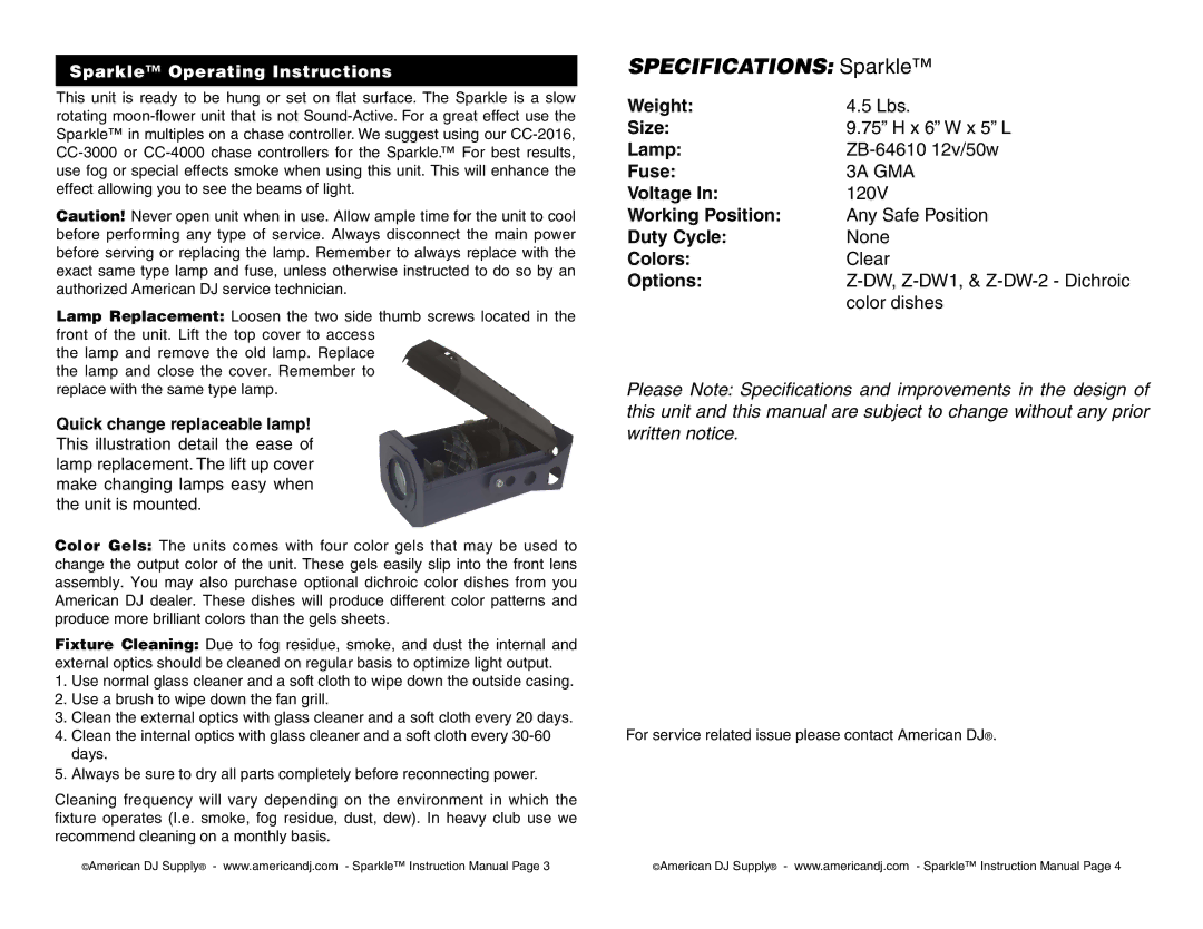 American DJ user service Specifications Sparkle 