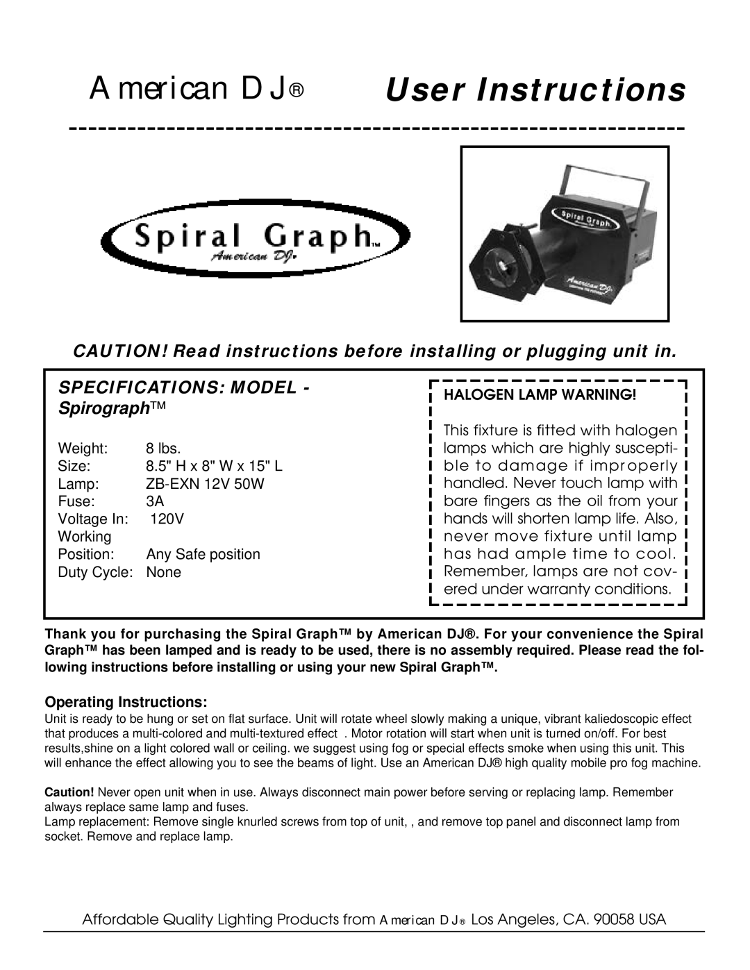 American DJ Spiral Graph specifications American DJ, User Instructions, Specifications Model, Spirograph 