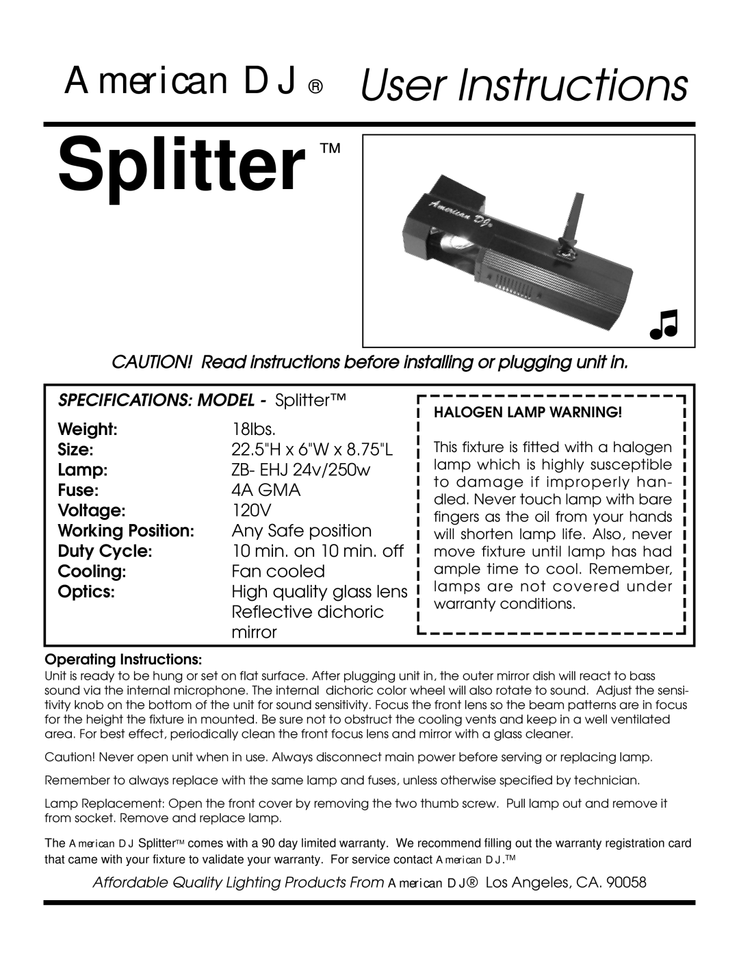 American DJ Splitter specifications 4A GMA 