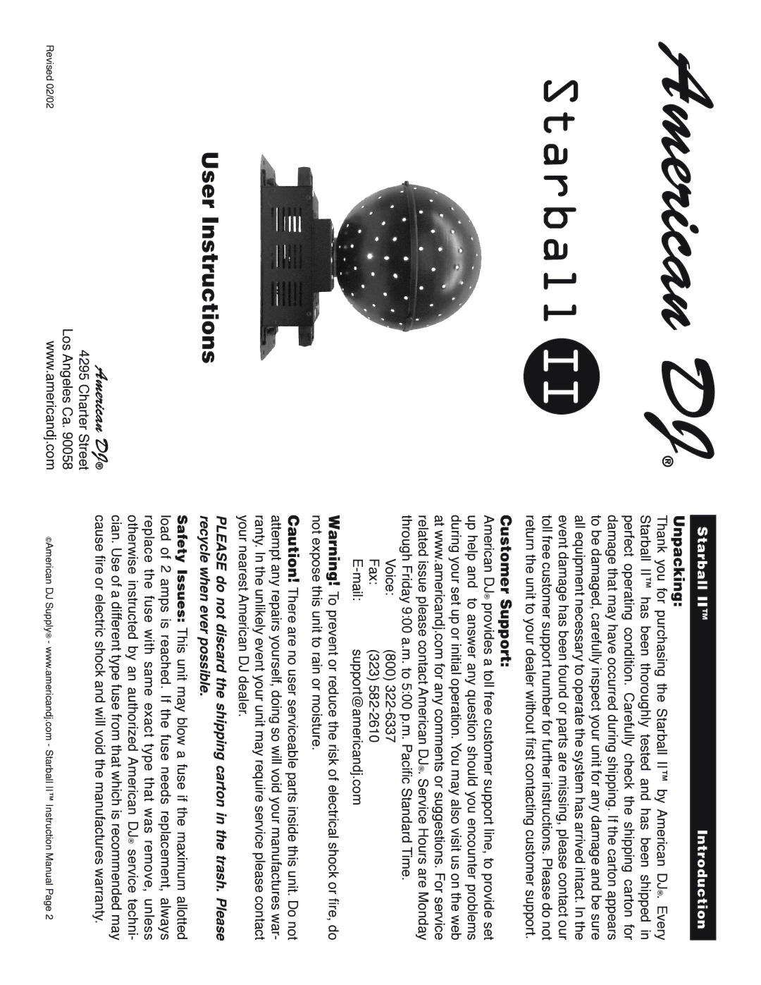 American DJ Starball II instruction manual Unpacking, Customer Support, Starball Introduction 