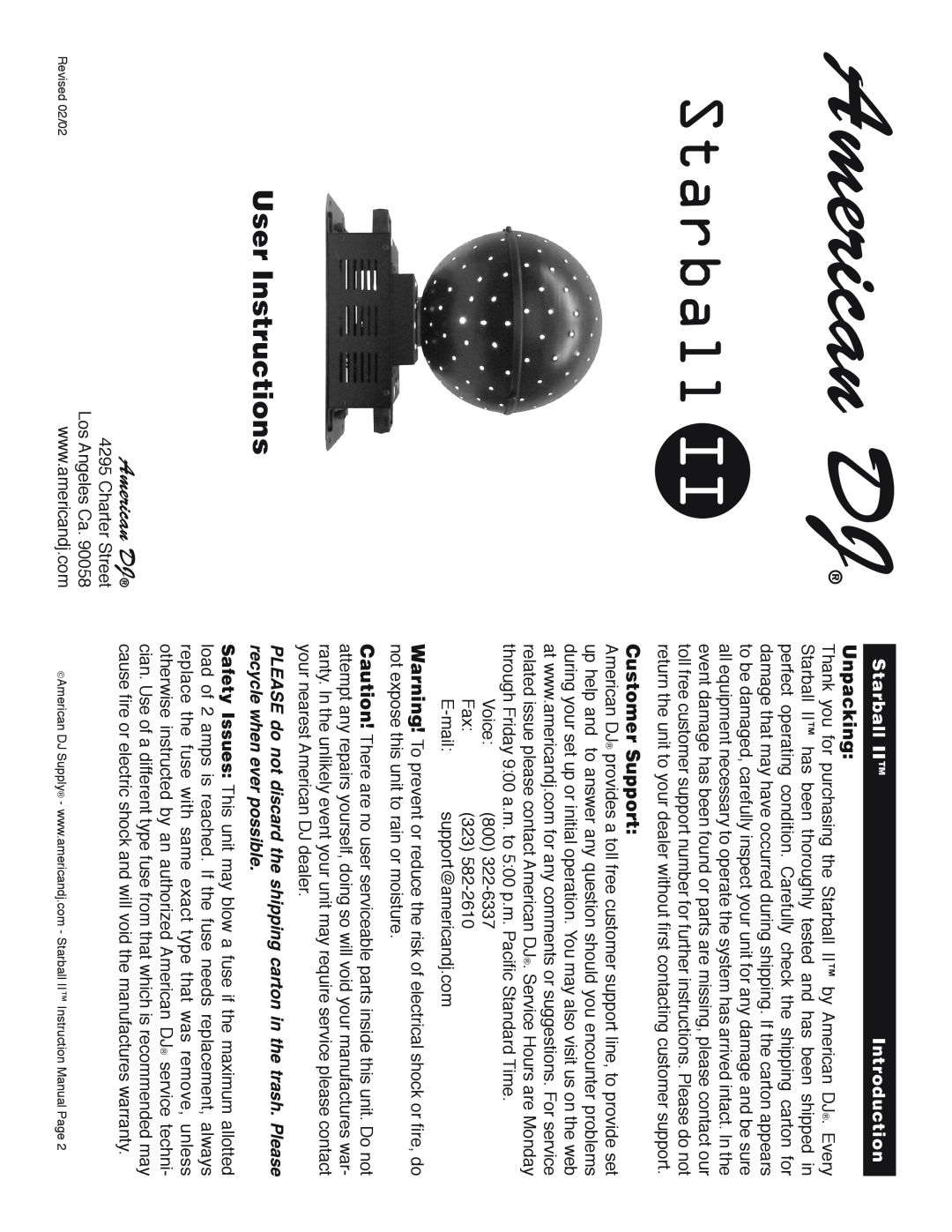 American DJ Starball II instruction manual Unpacking, Customer Support, American DJ, User Instructions 