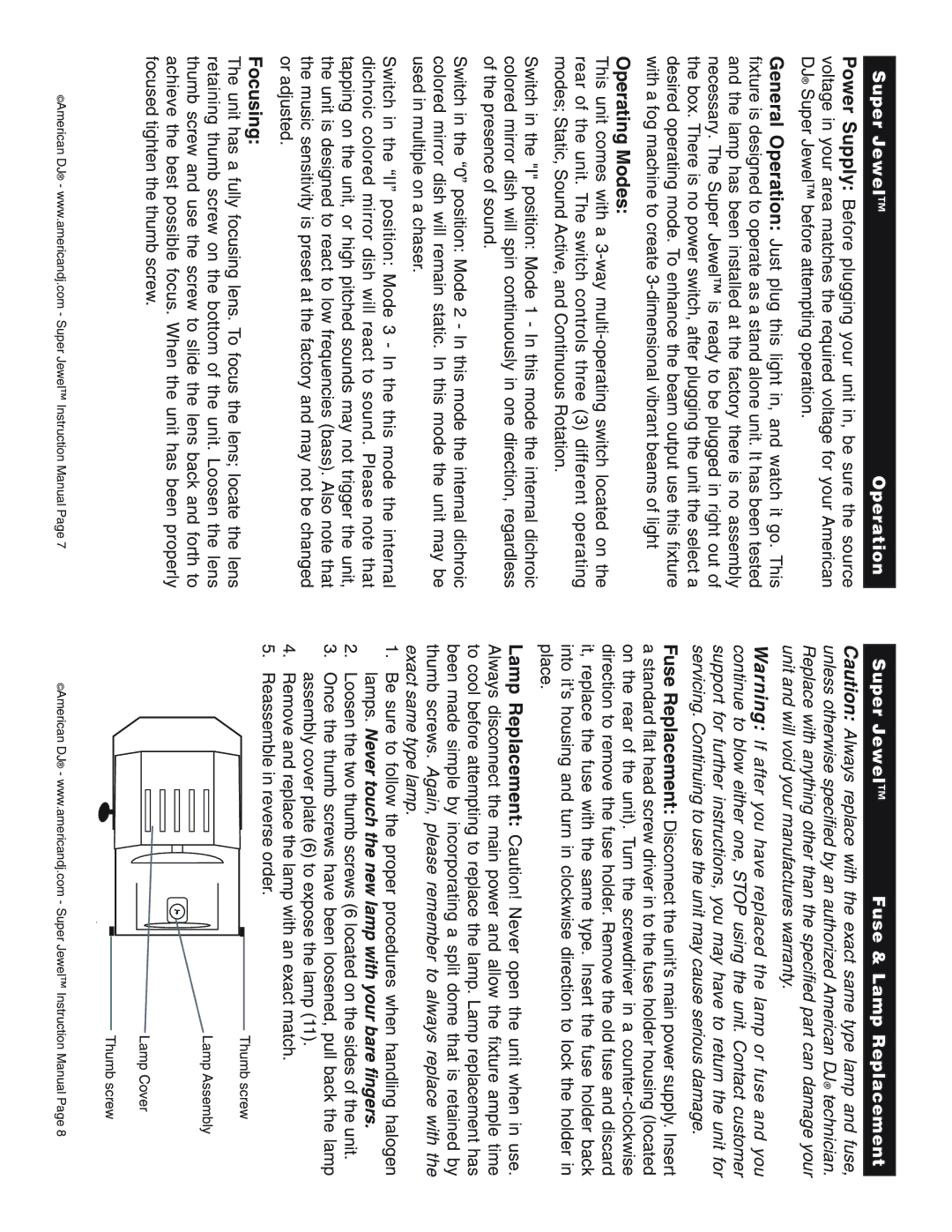 American DJ instruction manual Operating Modes, Focusing, Super Jewel Operation, Super Jewel Fuse & Lamp Replacement 