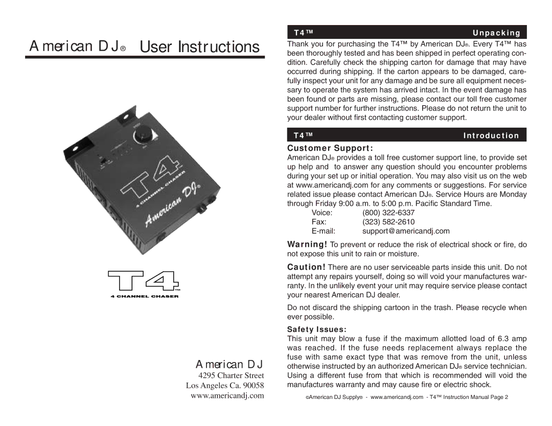 American DJ user service Unpacking, T4Introduction, Safety Issues 