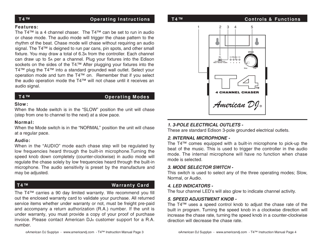 American DJ T4 user service Operating Instructions, Operating Modes, Warranty Card, Controls & Functions 