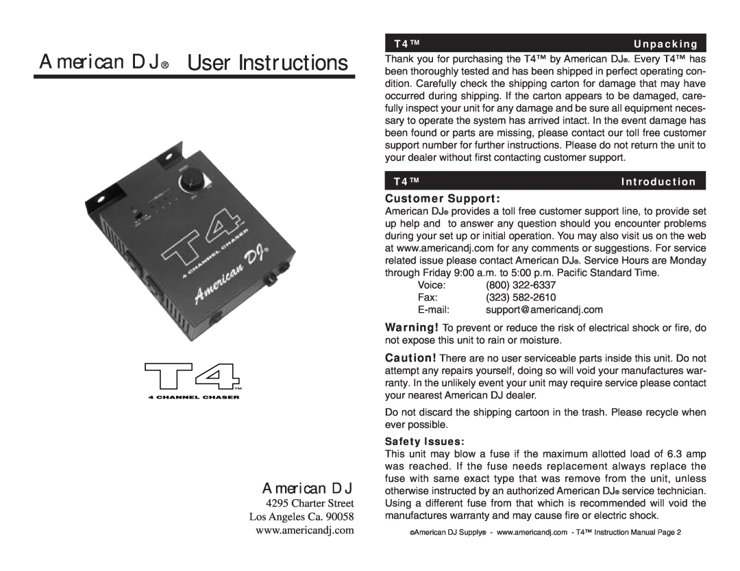 American DJ user service American DJ User Instructions, Charter Street Los Angeles Ca, Unpacking, T4Introduction 