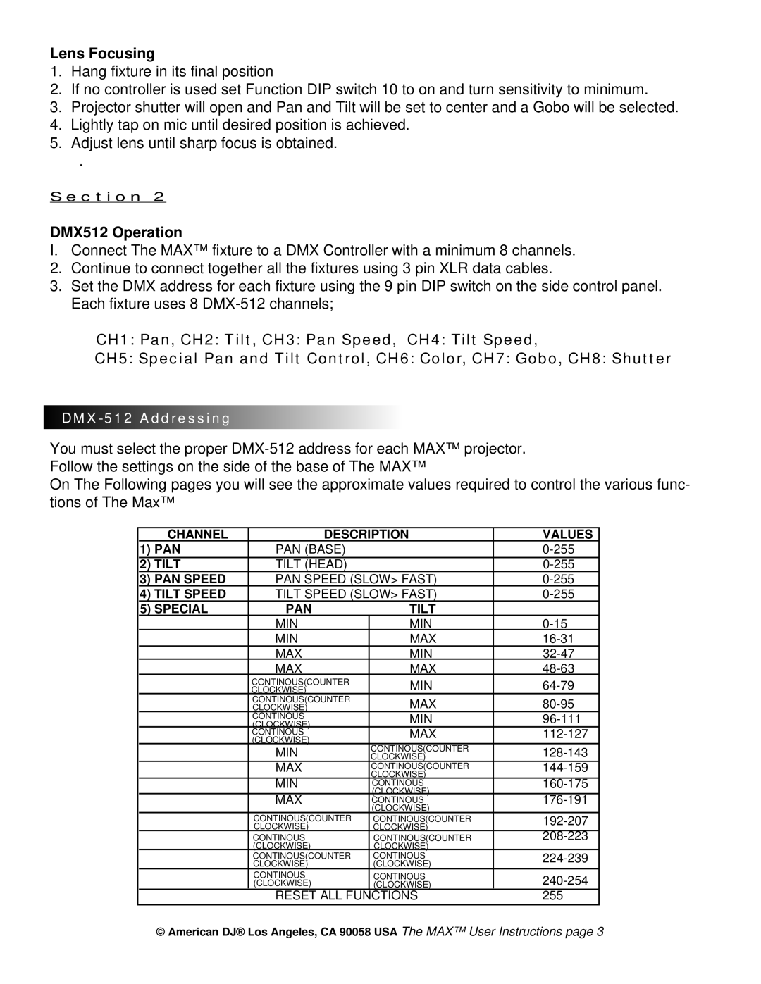 American DJ the Max warranty Lens Focusing, DMX512 Operation, DMX-512 Addressing 