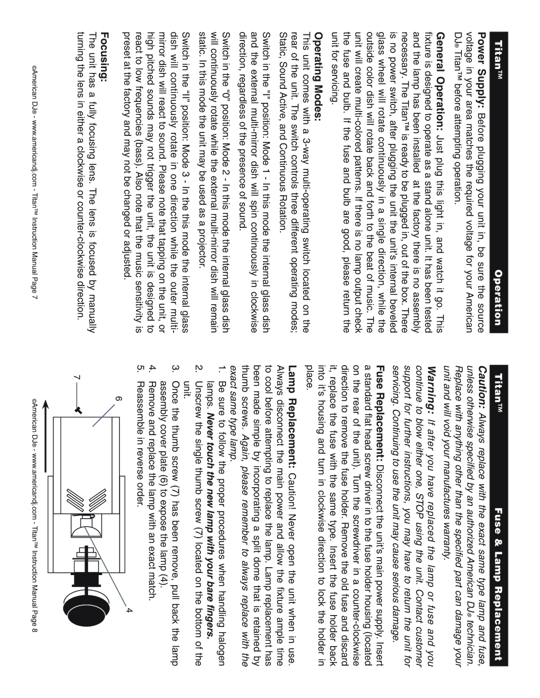 American DJ instruction manual Operating Modes, Focusing, Titan Operation, Titan Fuse & Lamp Replacement 